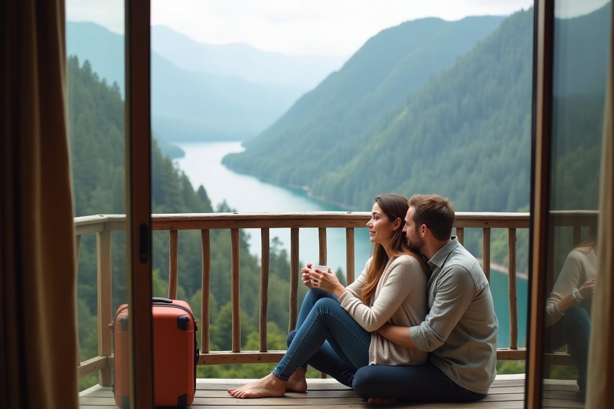 Jeune couple en voyage sur un balcon avec vue montagne
