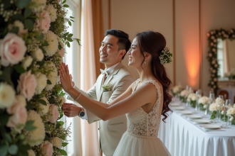 Mariage joyeux avec une mariée et un marié dans une décoration florale