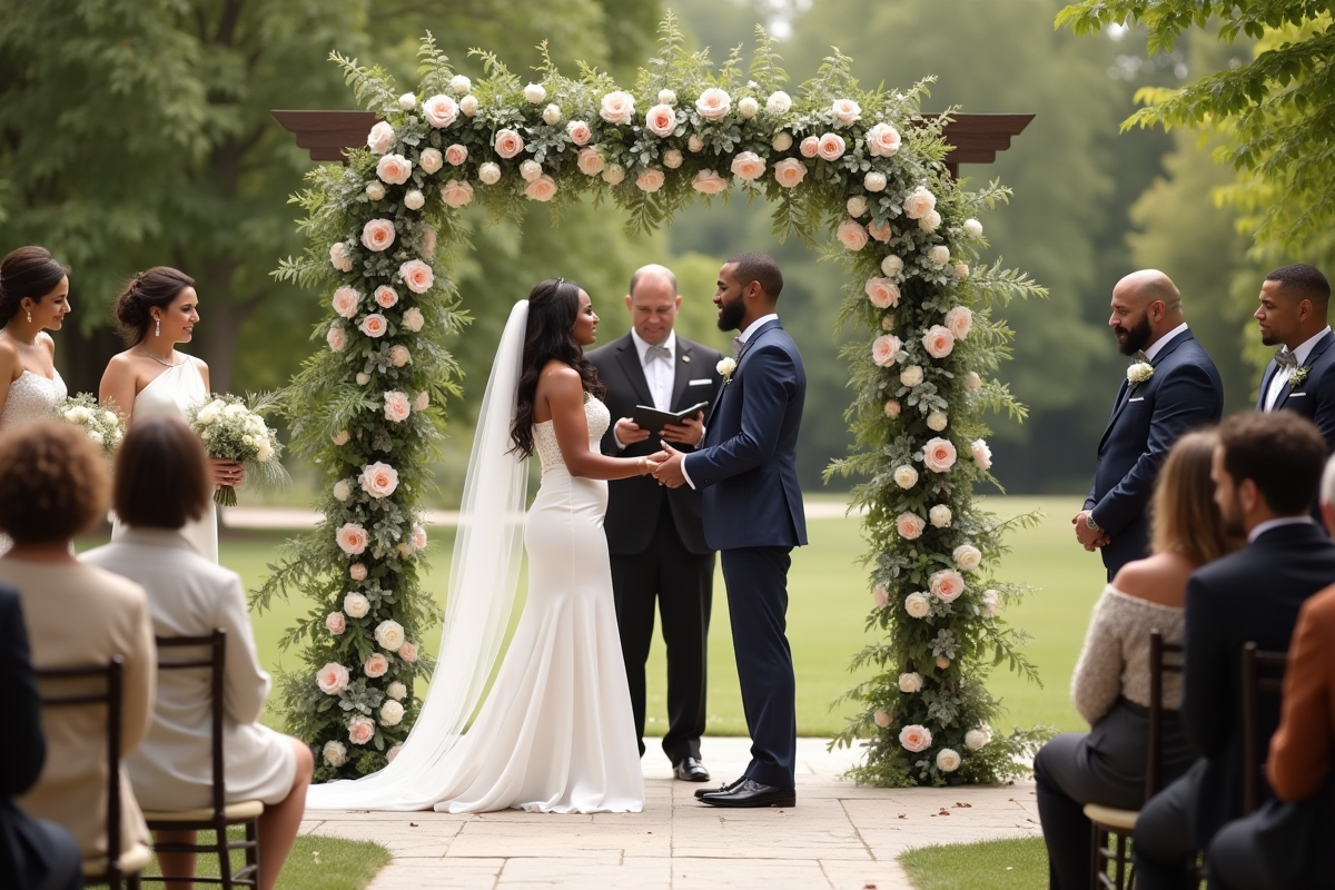 Cérémonie de mariage moderne en extérieur avec un couple divers