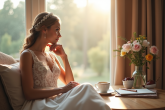 Mariée pensant près d'une fenêtre en lisant un plan de mariage