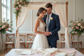 Jeune couple de mariés regardant des échantillons de tissus lors d’un mariage