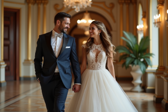 Jeune couple de mariés souriants dans une salle élégante