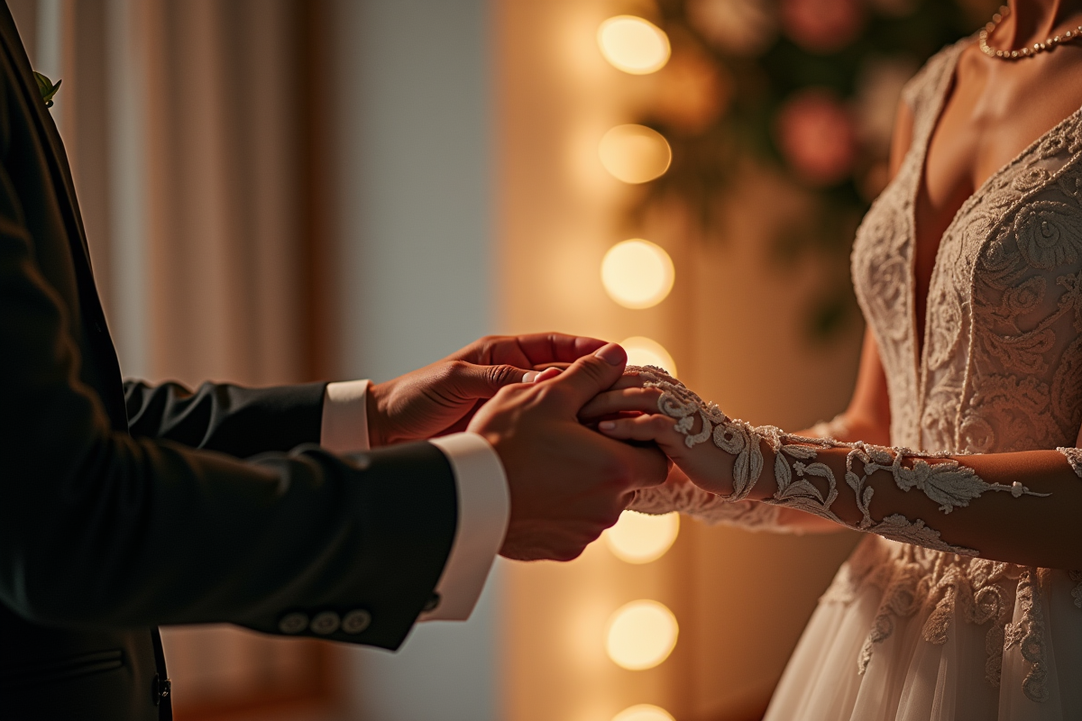 Moment de mariage traditionnel avec décor futuriste intérieur