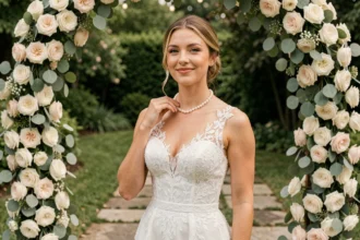 Mariée en robe blanche avec collier de perles devant une arche florale lors d'une cérémonie en plein air