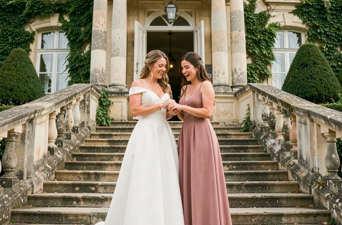 Mariée en robe blanche et demoiselle d'honneur rose devant un château français, ajustant un bracelet doré