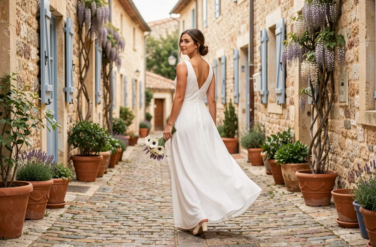 Mariée en robe blanche en chiffon marchant dans une ruelle provençale avec un bouquet d'anémones et de lavande