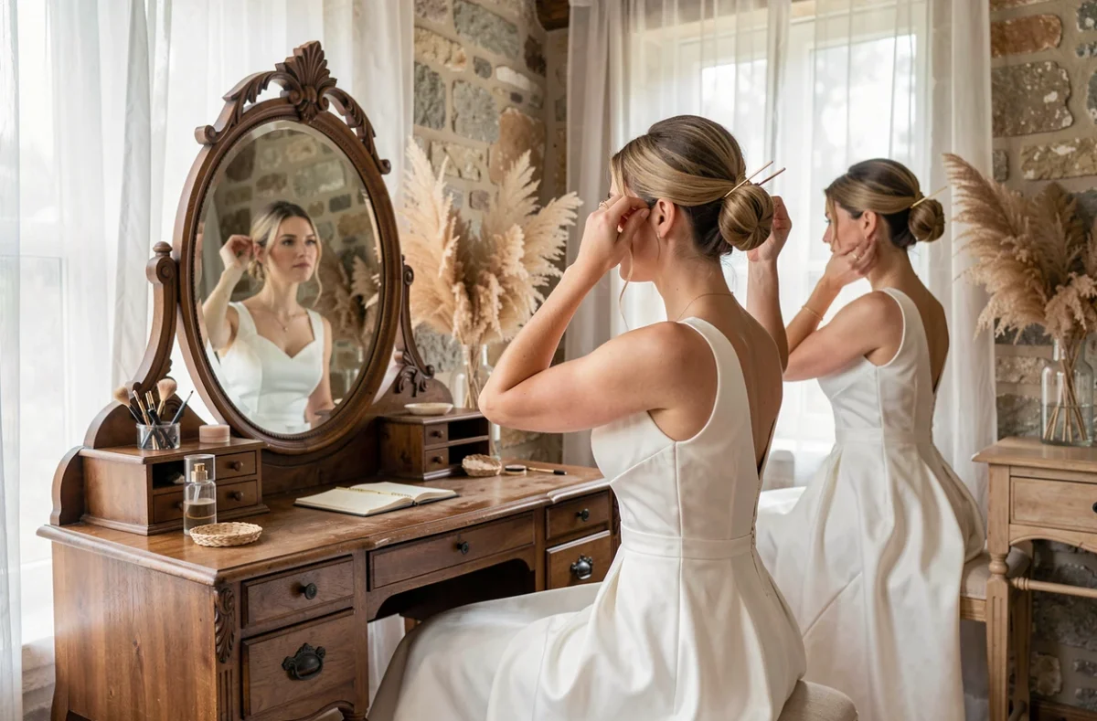 Mariée en robe de mariée satin blanc se coiffant devant un miroir dans une suite de préparation rustique