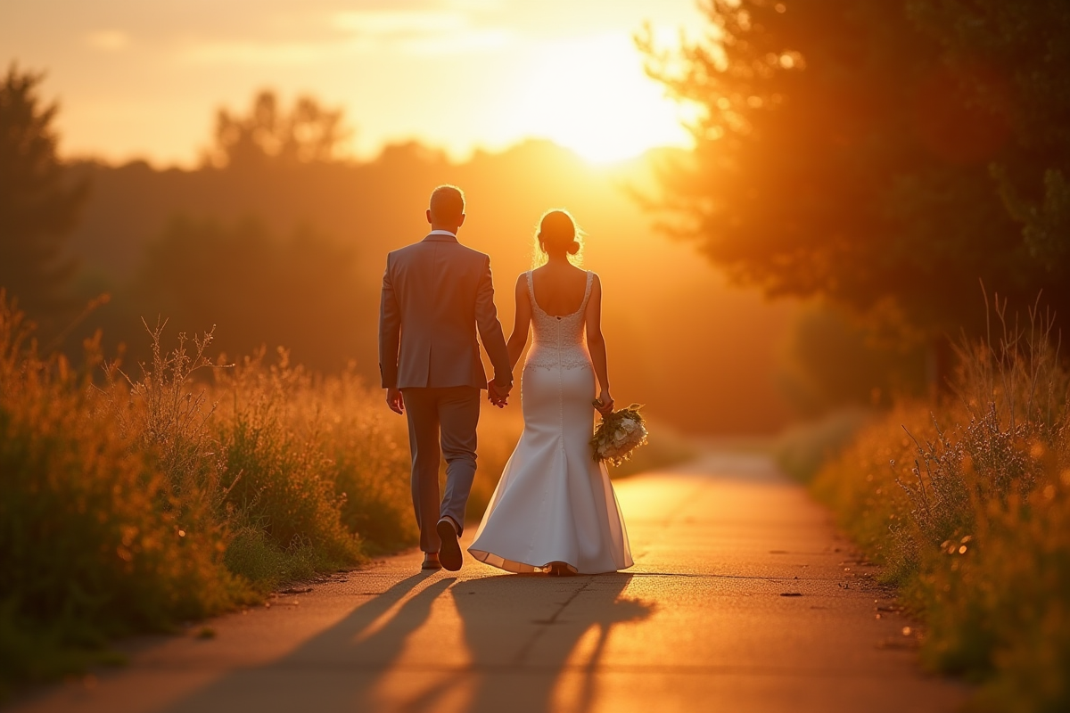 Couple marié marchant main dans la main au coucher de soleil