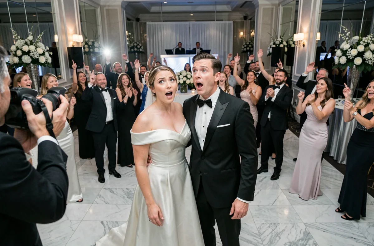 Mariés réagissant avec surprise et émotion à une chorégraphie organisée par leurs invités lors de la réception, avec le photographe et le DJ visibles en arrière-plan