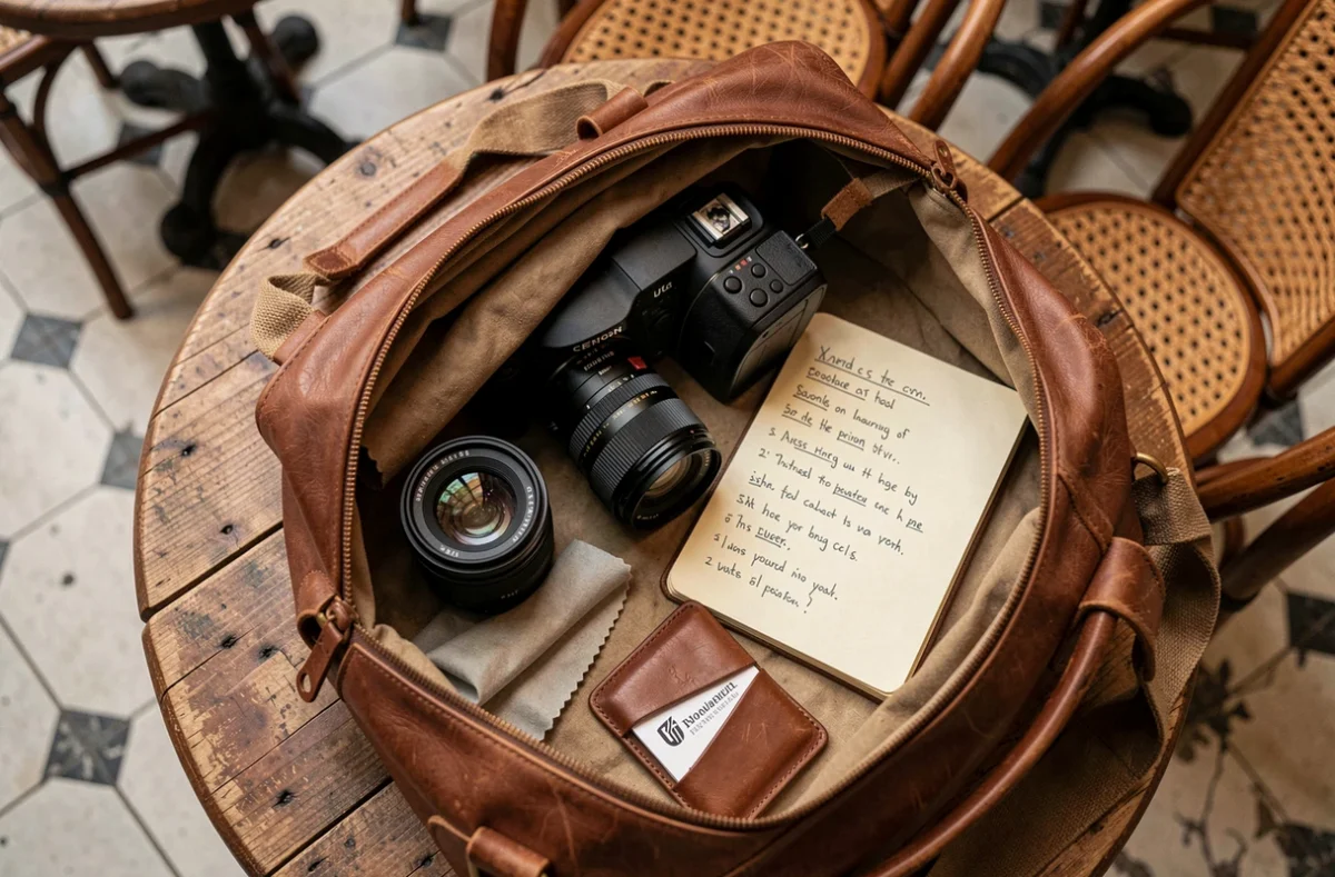 Matériel photographique professionnel ouvert sur une table en bois dans un café, avec un reflex et des objectifs visibles
