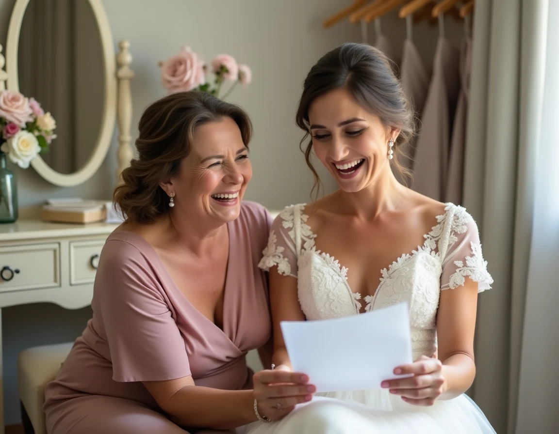 Mère de la mariée lisant son discours émouvant à sa fille dans le salon de préparation le jour du mariage