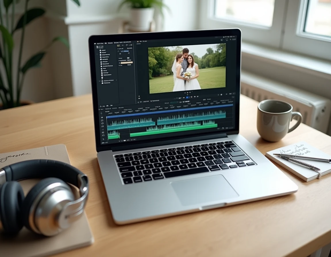 Montage d'un film de mariage sur ordinateur portable avec timeline vidéo et synchronisation musicale, bureau de vidéaste little story