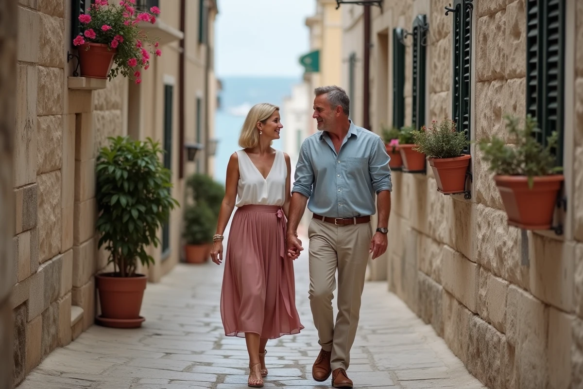 Couple en voyage romantique dans les ruelles pavées de Dubrovnik pour leurs 36 ans de mariage, femme en jupe mousseline rose et homme en chemise chambray