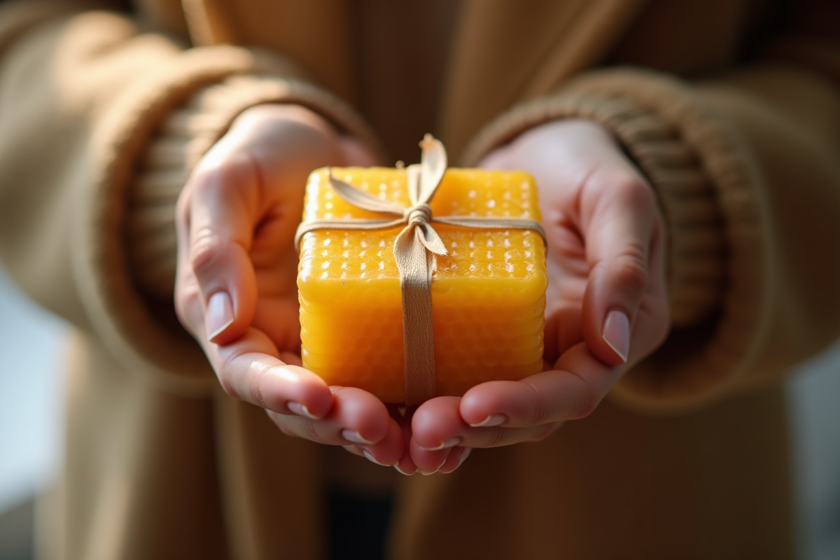 Mains échangeant un cadeau de bougie en cire d