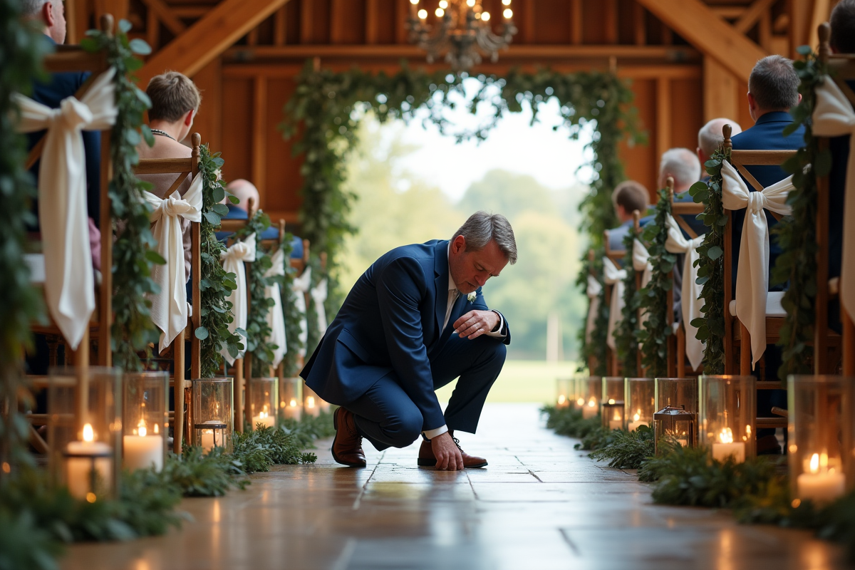Organisatrice de mariage ajustant des lanternes en intérieur rustique