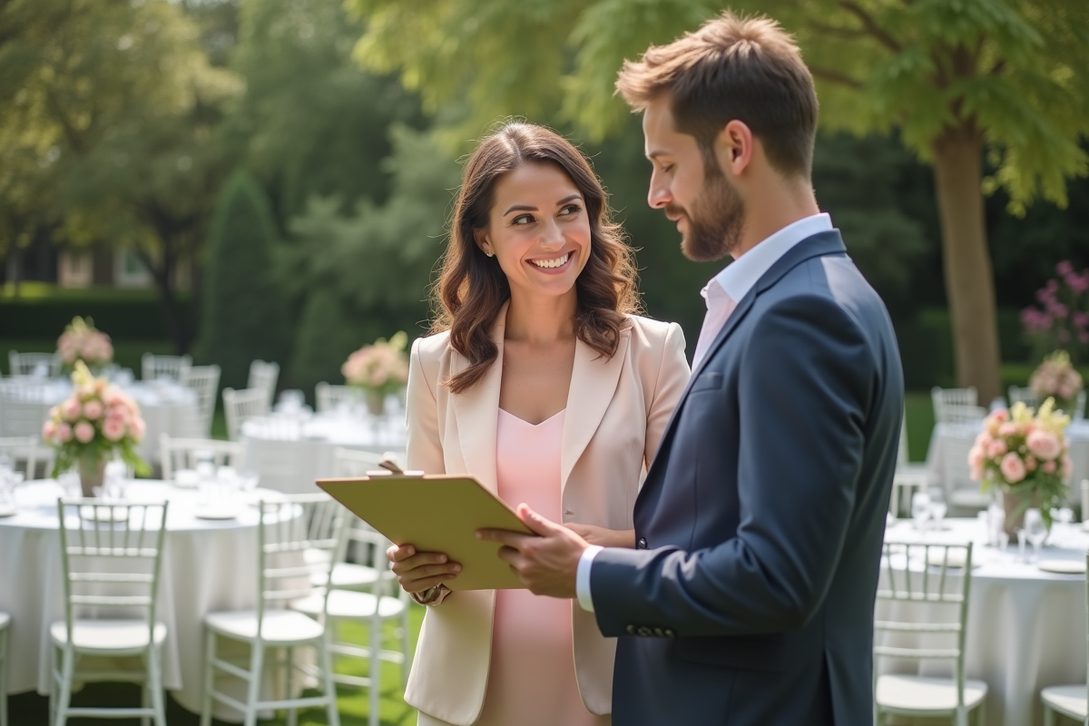 Organisatrice de mariage avec couple dans un jardin fleuri