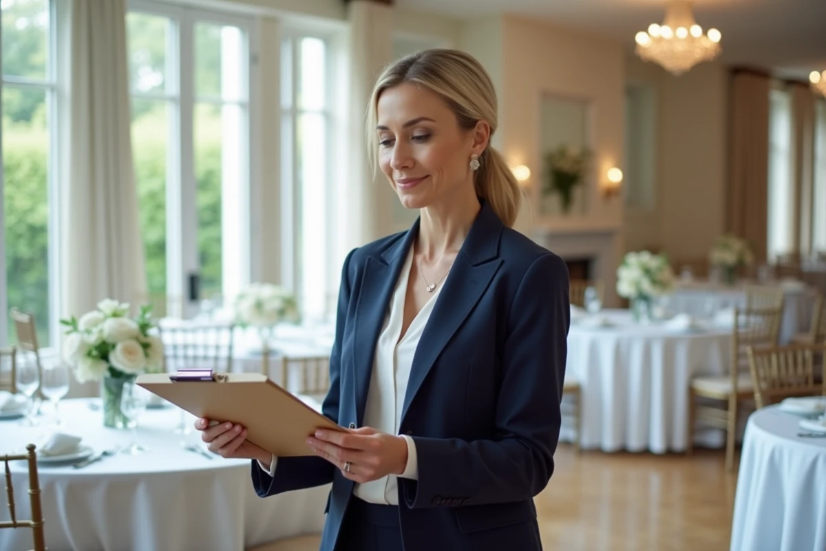Organisatrice de mariage professionnelle consultant sa liste de contrôle dans une salle de réception élégante