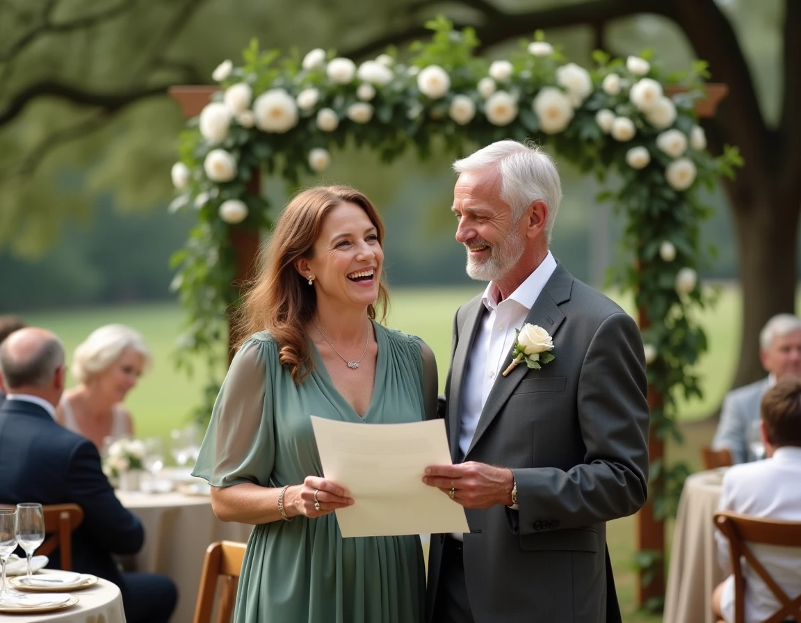 Parents des mariés prononçant ensemble un discours touchant lors d'une réception de mariage en plein air