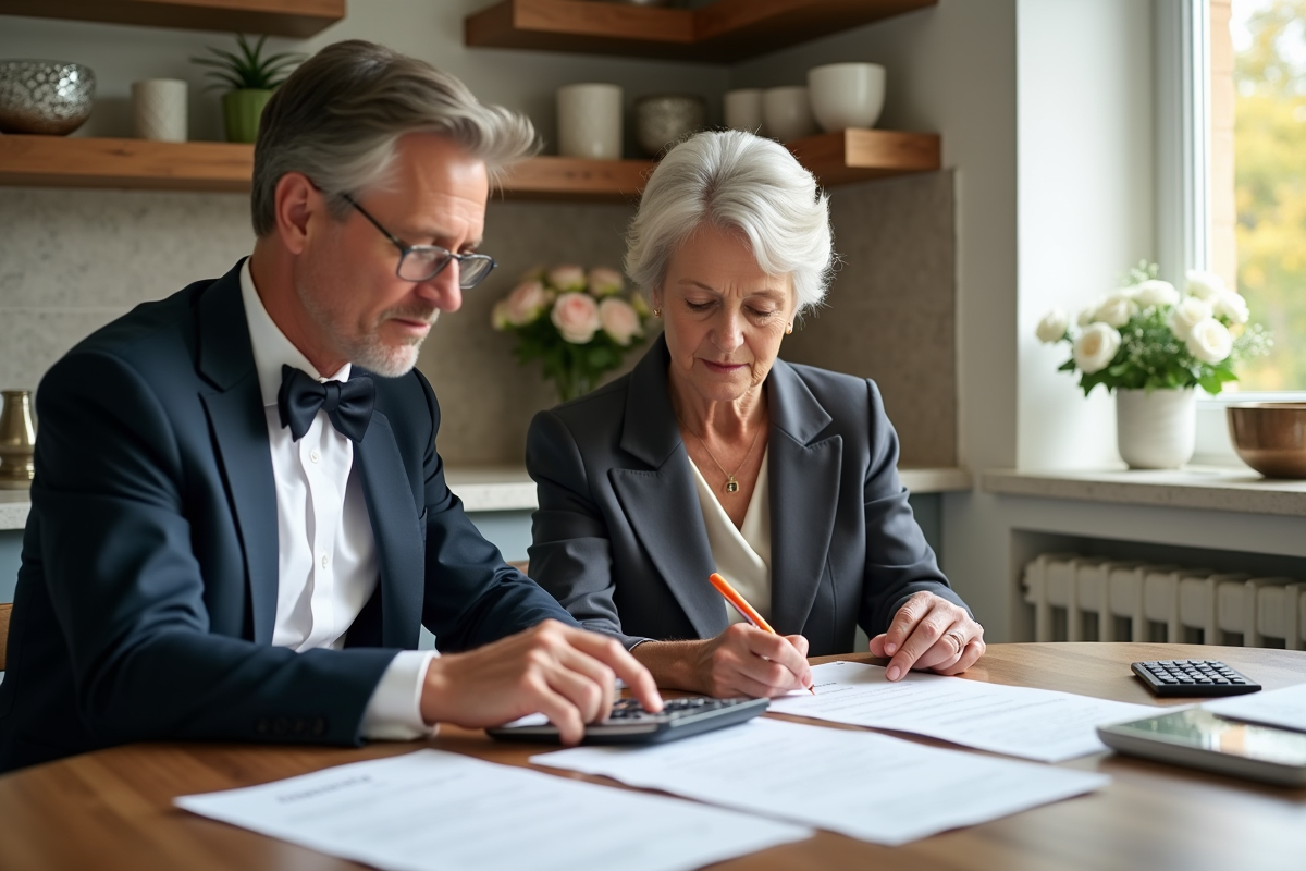 Parents discutant finances avec papiers et invitation mariage