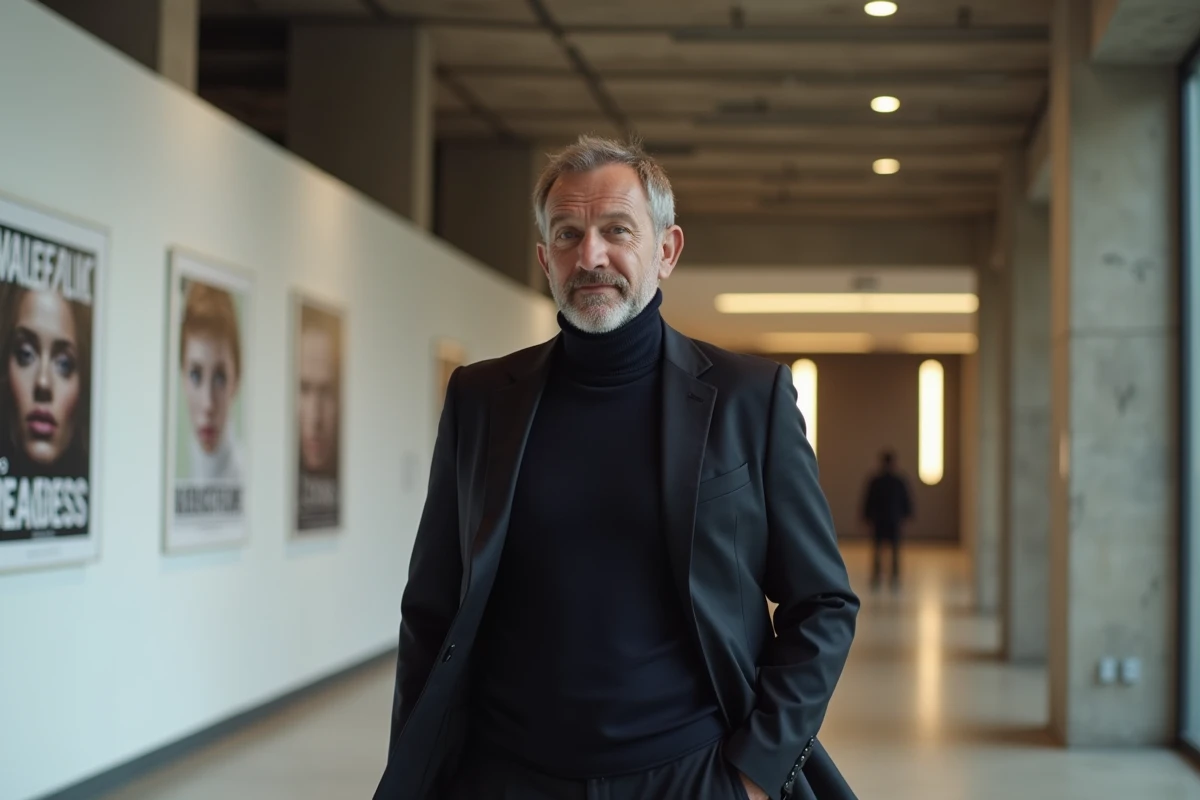 Personnalité médiatique traversant le hall d'un siège de presse parisien, style éditorial documentaire