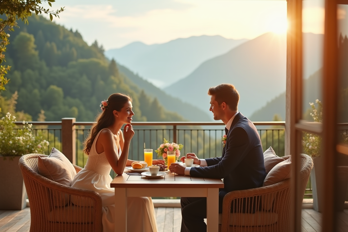 Jeune couple en petit déjeuner avec vue sur montagne au matin