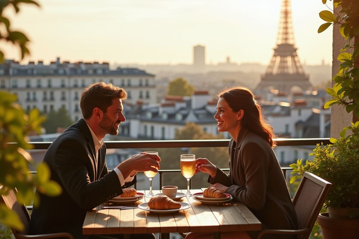 Couple souriant prenant le petit déjeuner avec vue sur Paris