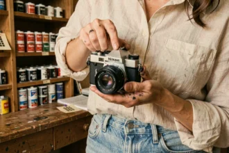 Photographe argentique chargeant une pellicule 35mm dans un appareil Nikon FM2 dans un studio de photographie analogique