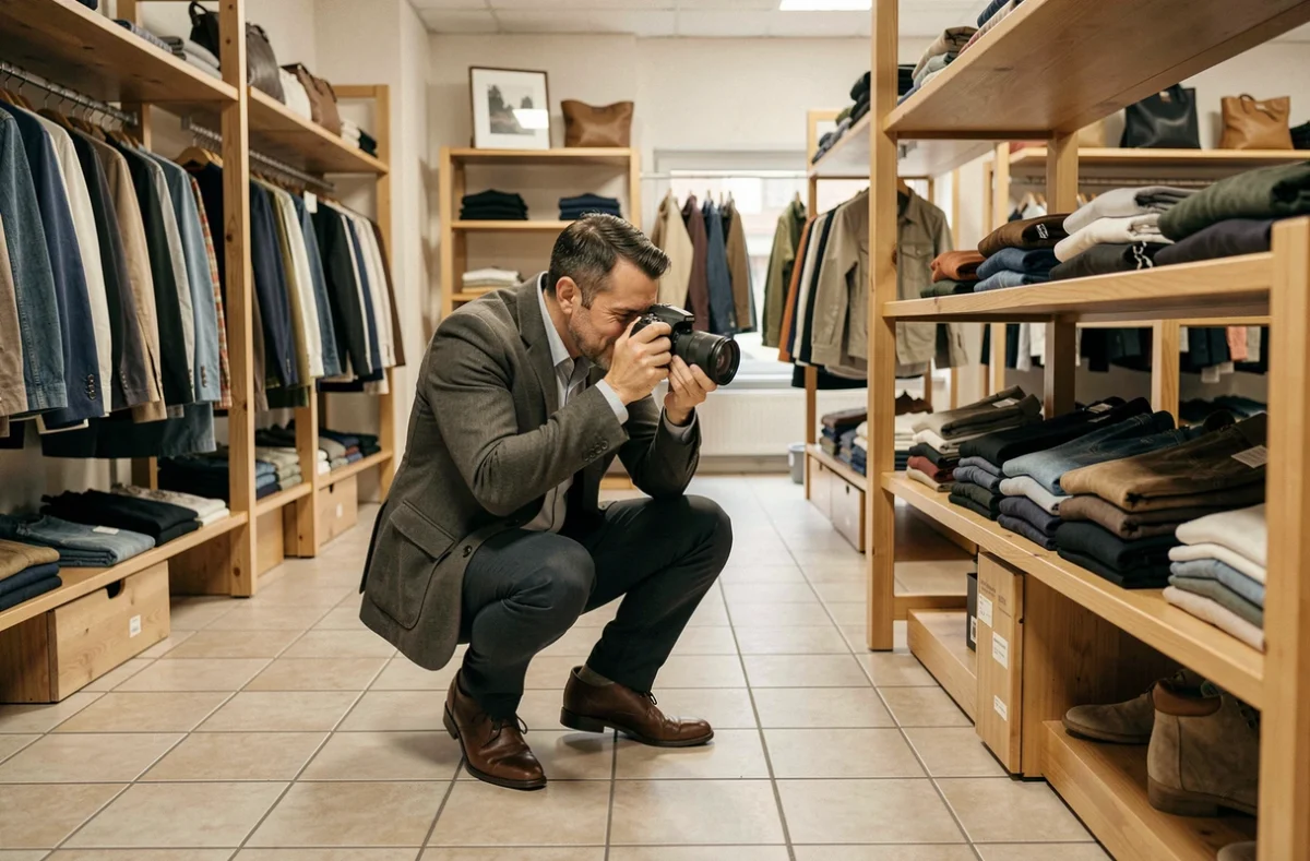 Photographe professionnel en train de photographier l'intérieur d'une boutique commerciale à Plan-de-Campagne