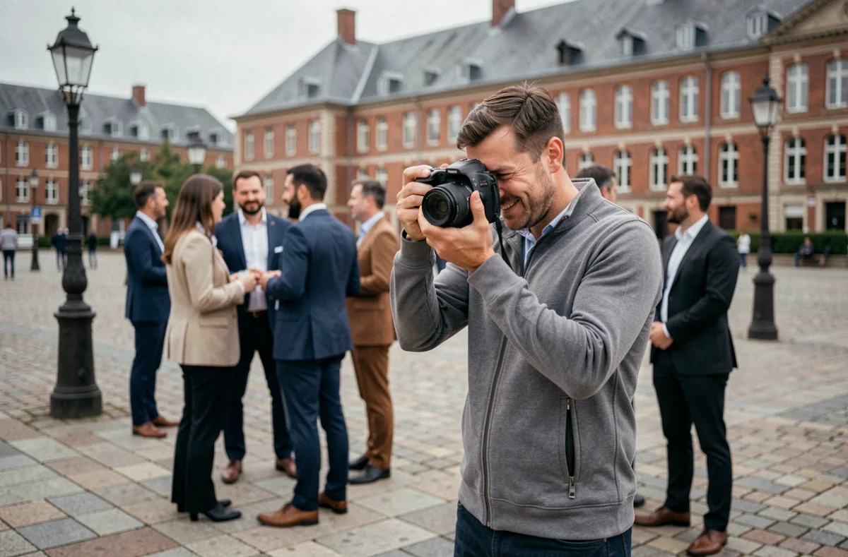 Photographe ajustant son objectif lors d'un événement professionnel en plein air sur une place de Maubeuge