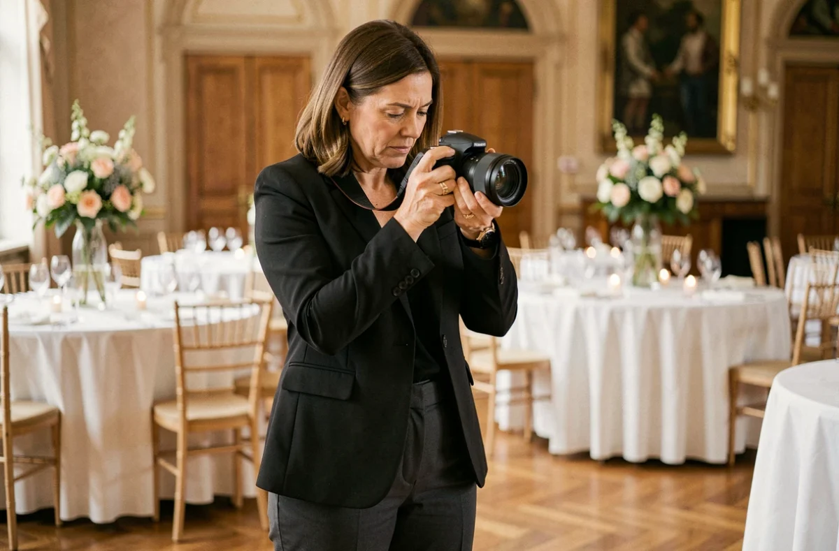 Photographe événementielle vérifiant ses clichés dans une salle de réception élégante à Maubeuge