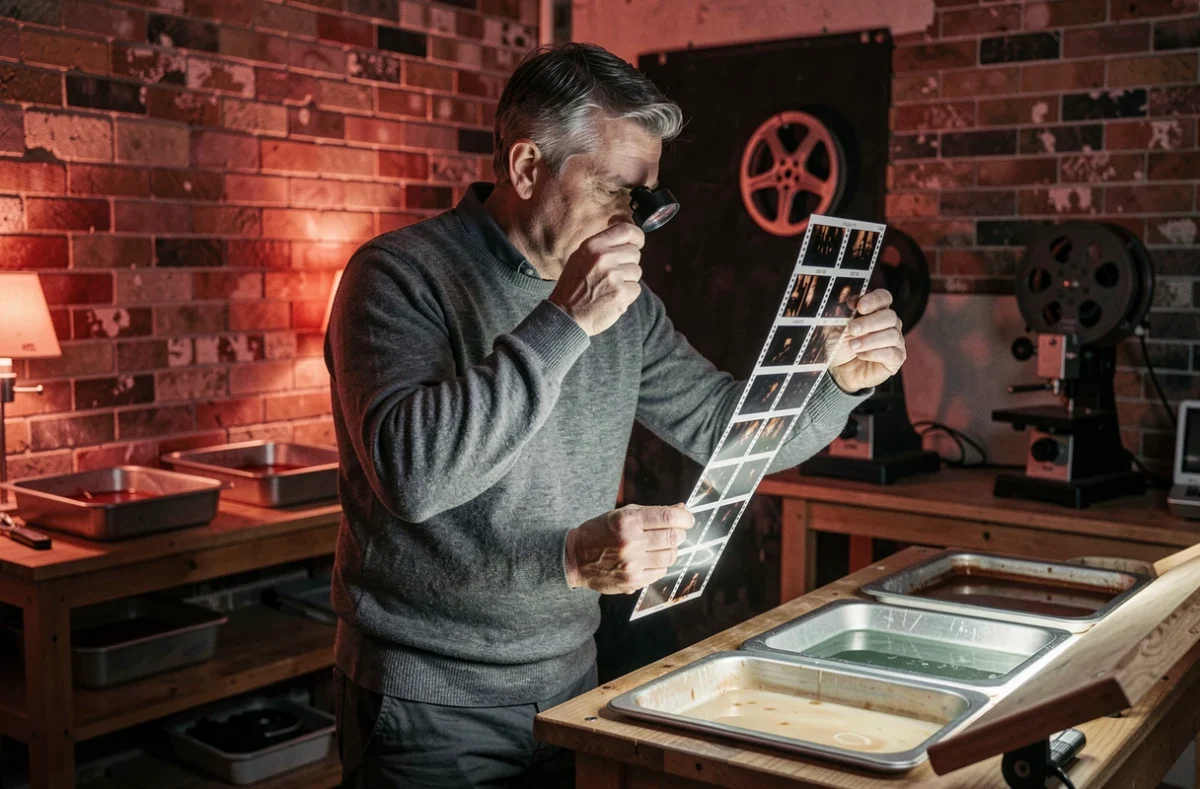 Photographe professionnel examinant des négatifs moyen format à la loupe dans une chambre noire analogique