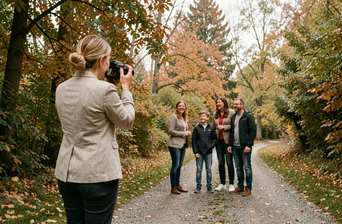 Photographe femme en action lors d'une séance photo de famille en extérieur dans un parc à Orvault
