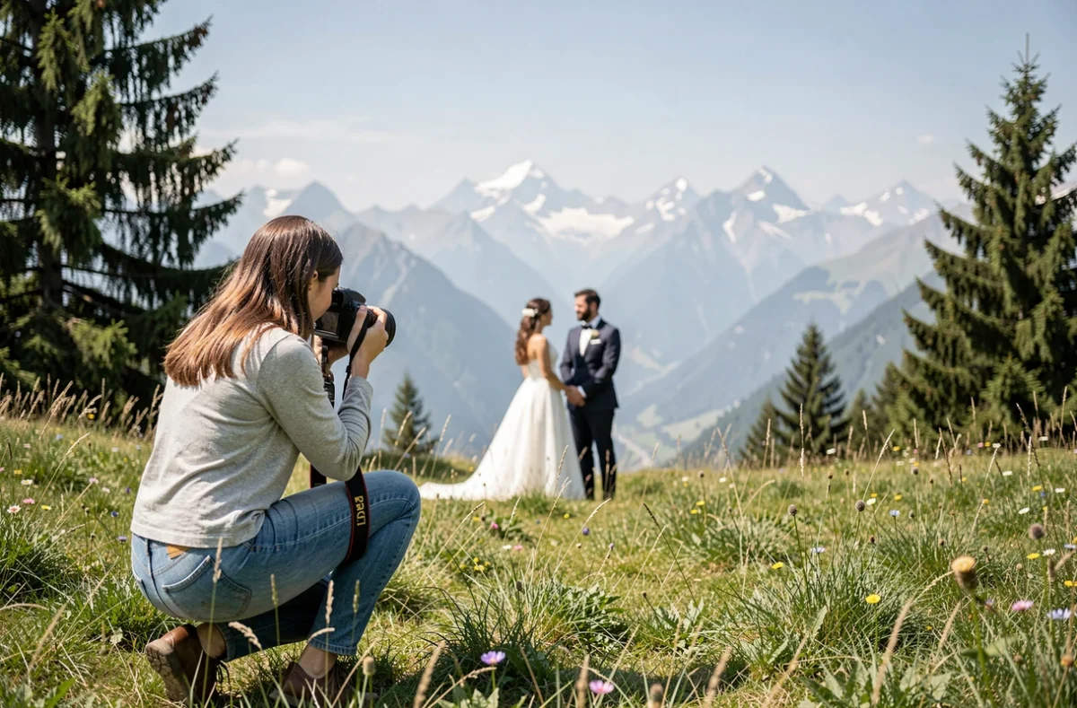 Séance photo de mariage en plein air dans les Alpes près de Gap avec photographe au travail