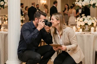 Photographe de mariage et coordinatrice échangeant discrètement des informations avant une surprise des mariés dans une salle de réception élégante