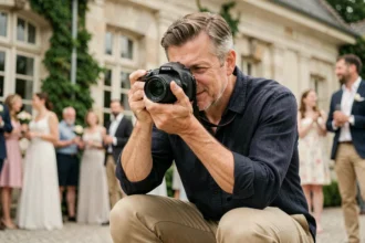 Photographe professionnel en action lors d'un mariage en extérieur à Maubeuge, appareil photo DSLR en main