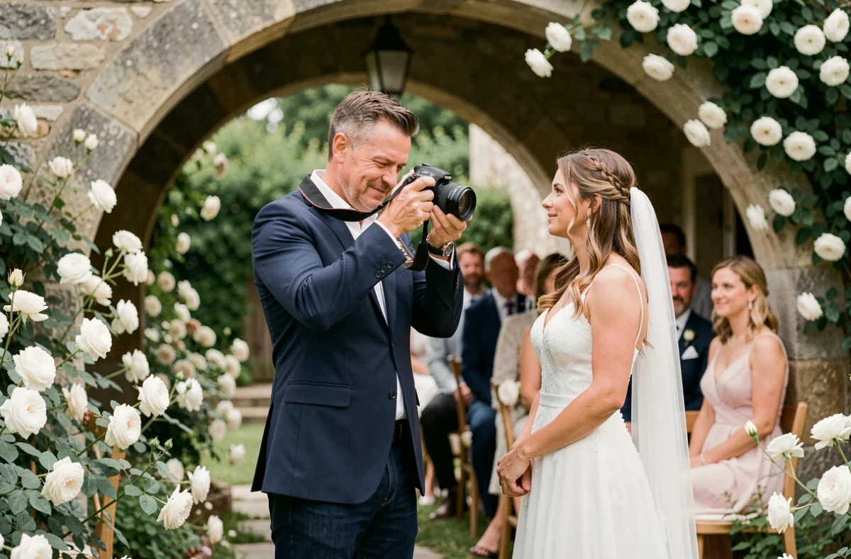 Photographe de mariage en plein air capturant un couple lors d'une cérémonie dans un jardin fleuri