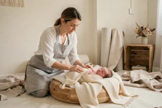 Photographe naissance professionnelle installant un nouveau-né dans un studio à Marseille