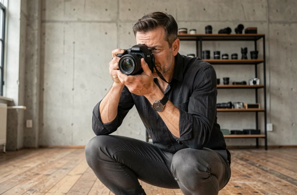 Photographe professionnel Olivier Metzger en studio en train de cadrer une scène avec son appareil photo reflex