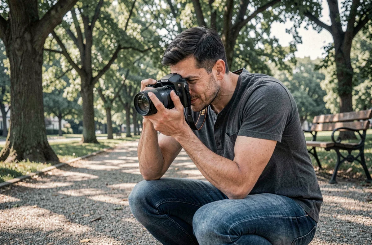 Photographe homme accroupi en train de cadrer une photo dans un parc public à Brunoy avec un appareil photo hybride