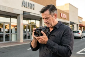 Photographe professionnel devant un centre commercial à Plan-de-Campagne tenant un appareil photo reflex