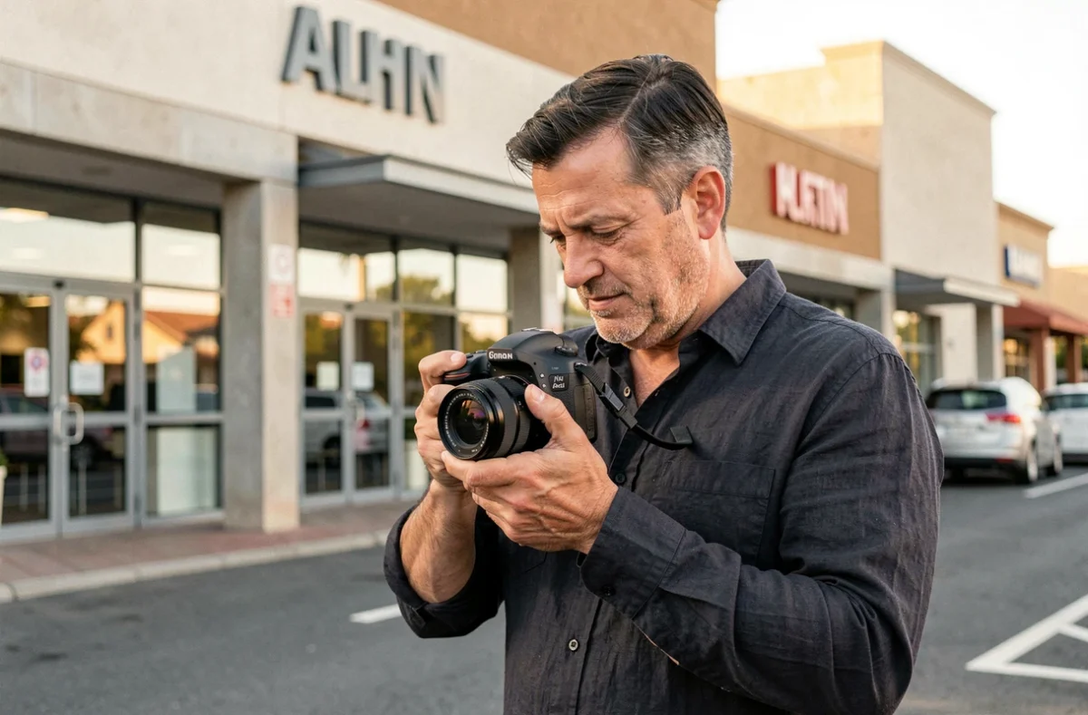 Photographe professionnel devant un centre commercial à Plan-de-Campagne tenant un appareil photo reflex