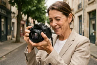 Photographe professionnelle en extérieur à Brunoy révisant ses photos sur un reflex numérique dans une rue commerçante française