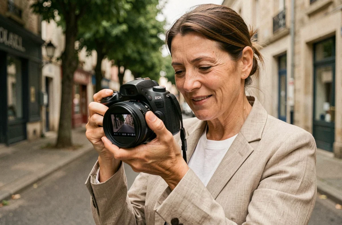 Photographe professionnelle en extérieur à Brunoy révisant ses photos sur un reflex numérique dans une rue commerçante française