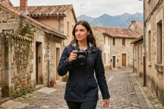 Photographe professionnelle avec un appareil photo DSLR dans les rues historiques de Gap, Hautes-Alpes