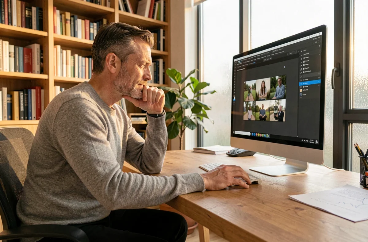 Photographe professionnel en train de sélectionner et retoucher ses photos sur un écran dans son bureau