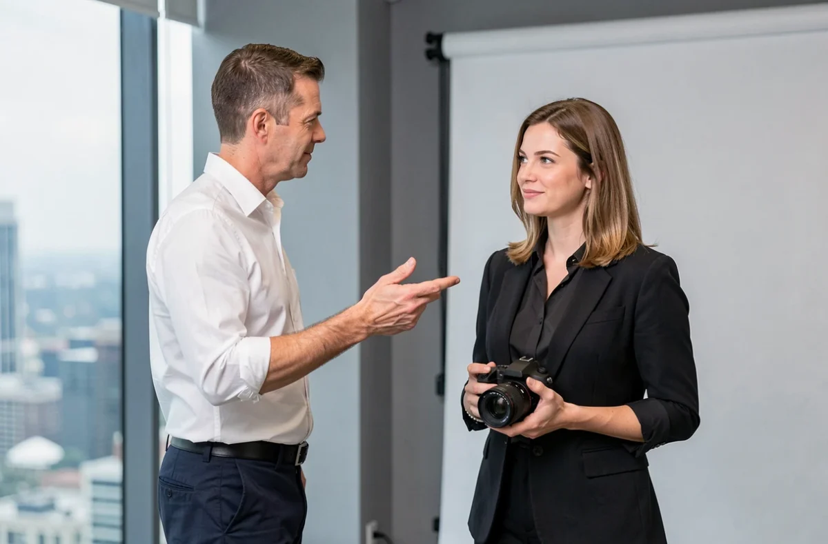 Photographe professionnel dirigeant une séance photo corporate en intérieur avec un sujet féminin