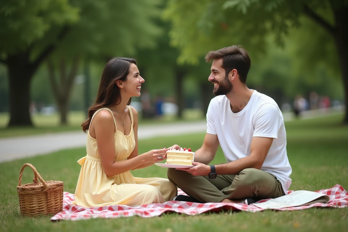 Couple fêtant deux mois de mariage avec un pique-nique romantique fait maison dans un parc en plein air
