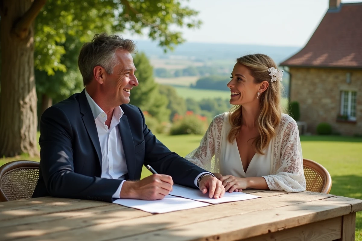 Planificateur de mariage détendu avec couple en jardin rural