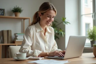 Jeune femme planifiant son mariage en ligne sur un ordinateur portable depuis son bureau à domicile