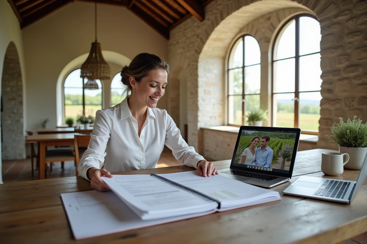 Coordinatrice de mariage planifiant une réservation de domaine en Gironde pour 2026 avec un classeur de contrats et un calendrier ouvert sur une table en chêne